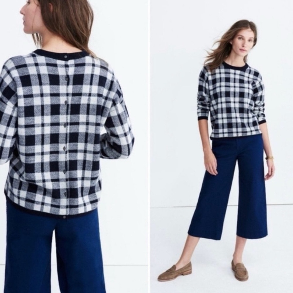 Madewell Checkered Plaid 100% Merino Wool Back Button Sweater in Blue and White